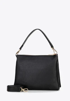 Damska crossbody trójkomorowa ze skóry groszkowej czarna><noscript><img width=