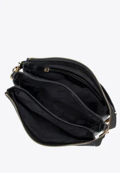 Damska crossbody trójkomorowa ze skóry groszkowej czarna><noscript><img width=