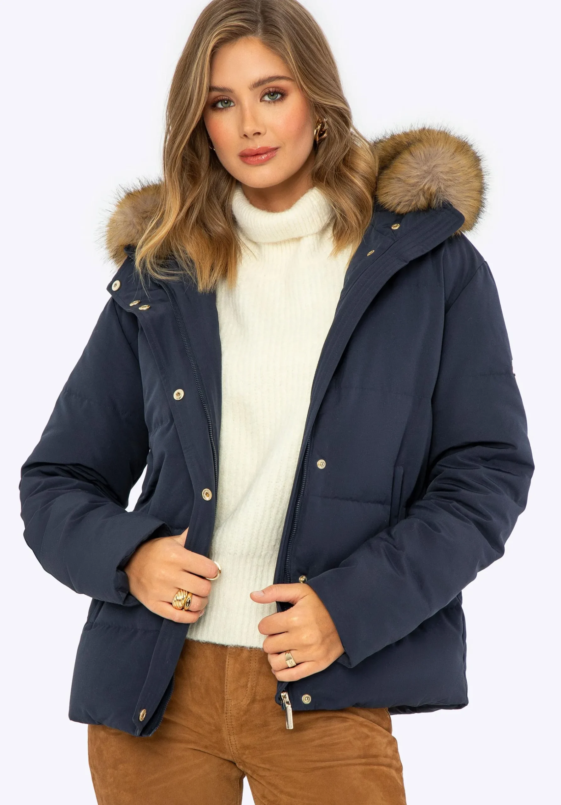 Damska kurtka puchowa z futerkowym kapturem granatowa>WITTCHEN Fashion