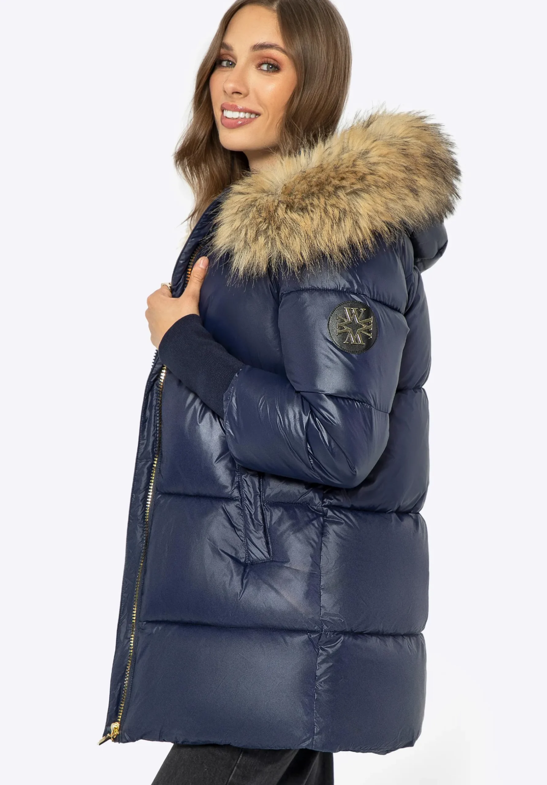 Damska kurtka z futrzanym kapturem granatowa>WITTCHEN Fashion
