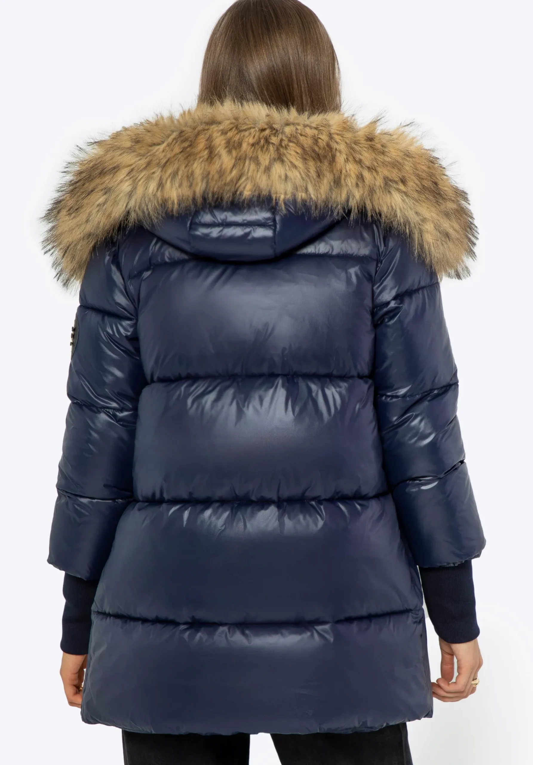 Damska kurtka z futrzanym kapturem granatowa>WITTCHEN Fashion