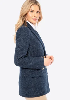 Damska marynarka z tkaniny boucle długa granatowa><noscript><img width=