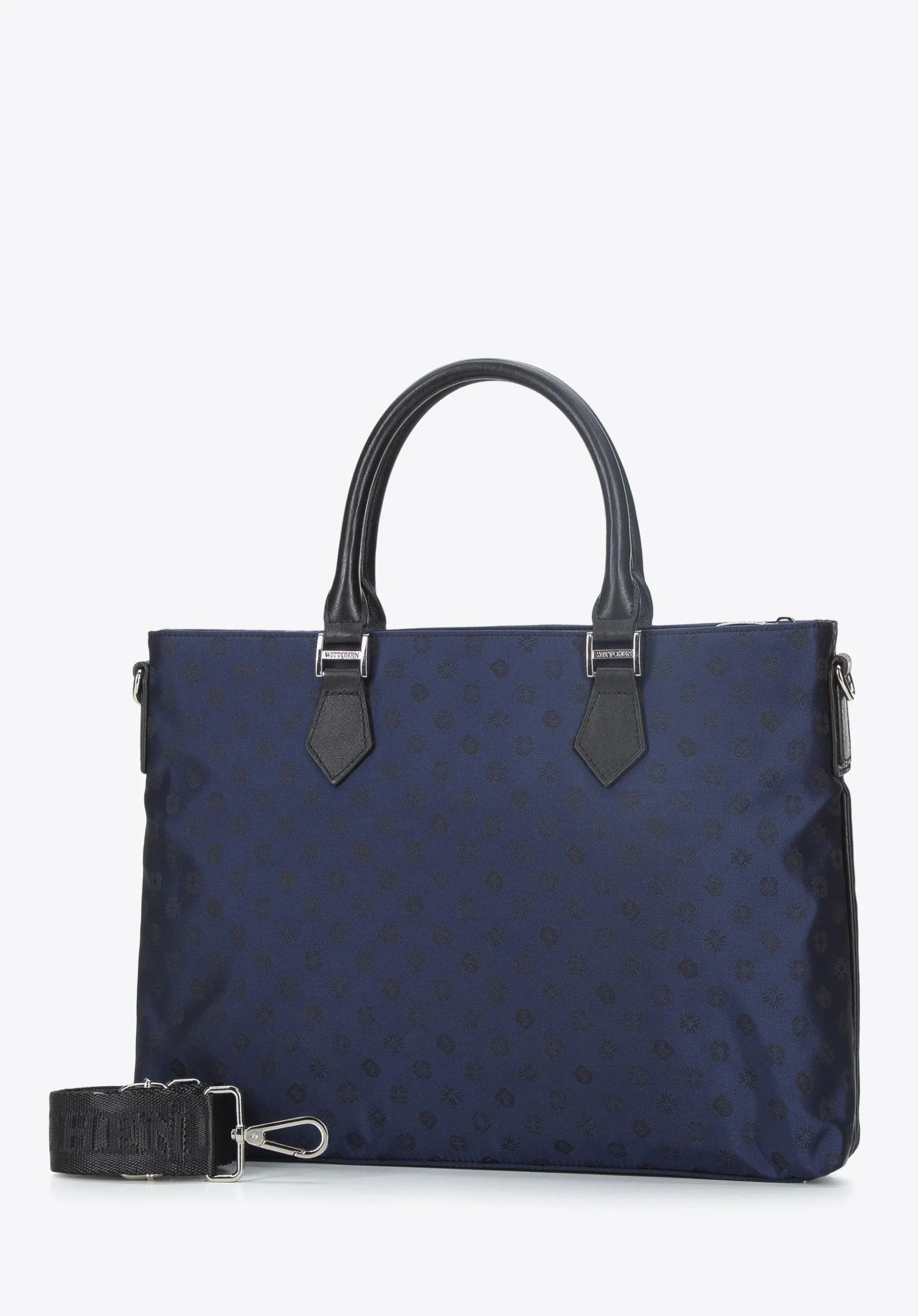 Damska torba na laptopa 12” z żakardu z opaskami ze skóry granatowa>WITTCHEN Discount