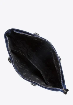Damska torba na laptopa 12” z żakardu z opaskami ze skóry granatowa><noscript><img data-lazyloaded=