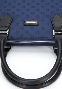 Damska torba na laptopa 12” z żakardu z opaskami ze skóry granatowa><noscript><img data-lazyloaded=