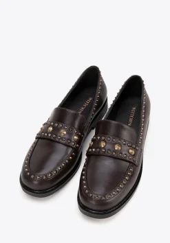 Damskie loafersy skórzane z ozdobnymi nitami brązowe>WITTCHEN Fashion