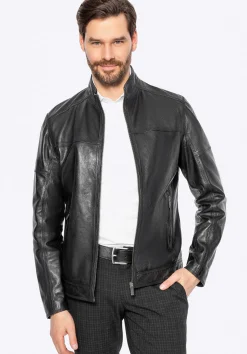 Męska kurtka biker ze skóry naturalnej czarna><noscript><img width=