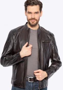Męska kurtka biker ze skóry owczej ciemny brąz><noscript><img width=
