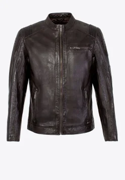 Męska kurtka biker ze skóry owczej ciemny brąz><noscript><img width=