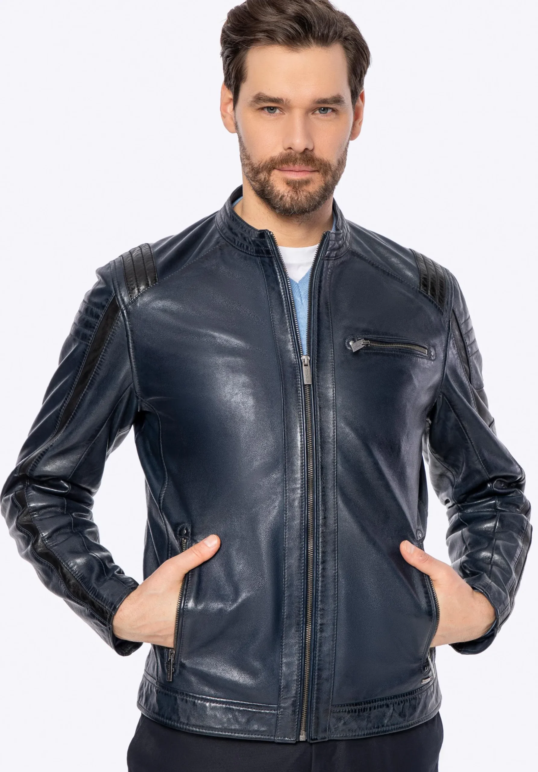 Męska kurtka biker ze skóry owczej granatowa>WITTCHEN Hot