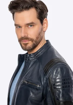 Męska kurtka biker ze skóry owczej granatowa><noscript><img width=