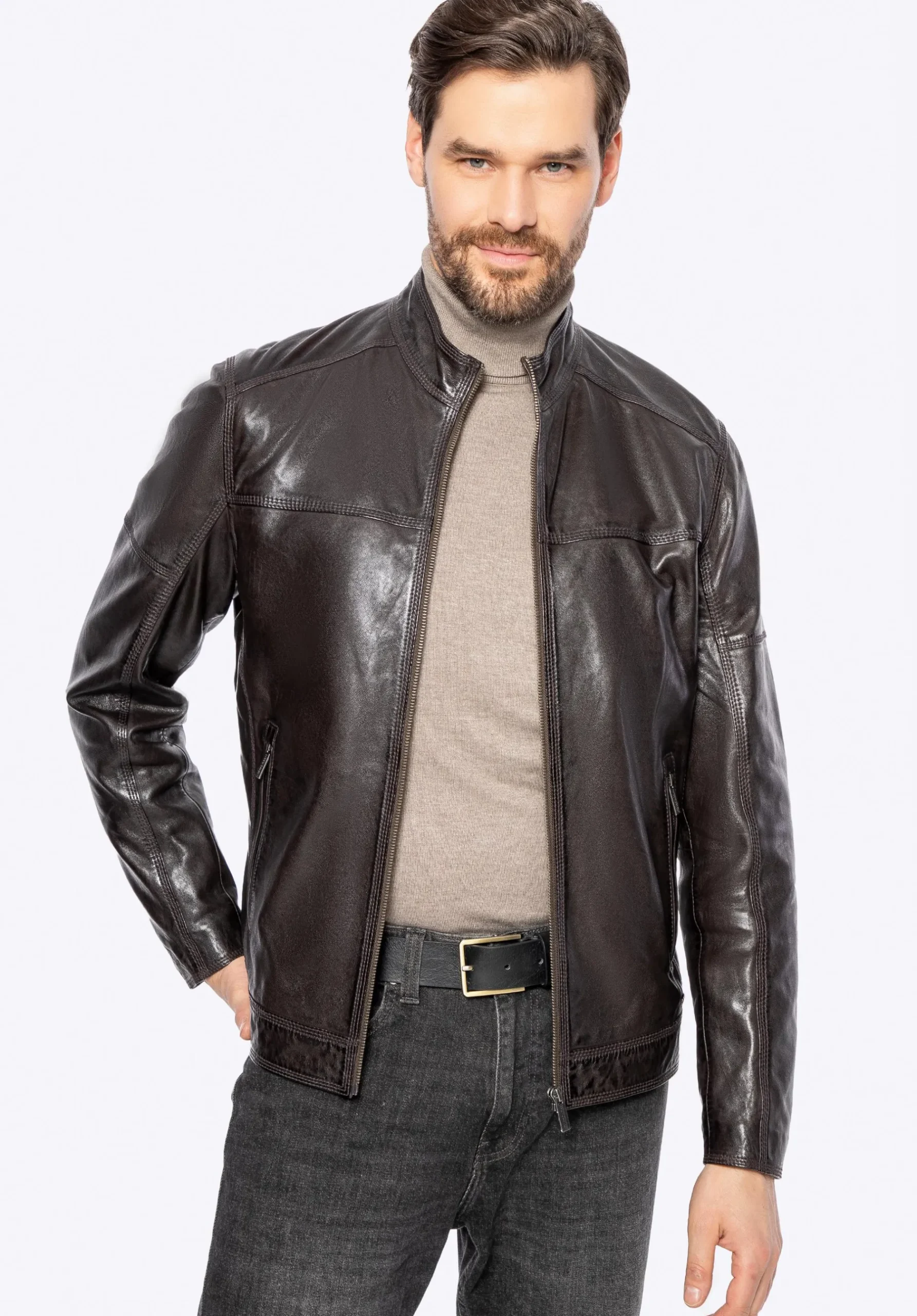 Męska kurtka biker ze skóry naturalnej ciemny brąz>WITTCHEN Outlet