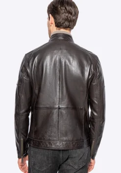 Męska kurtka biker ze skóry naturalnej ciemny brąz><noscript><img width=