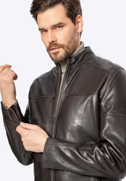 Męska kurtka biker ze skóry naturalnej ciemny brąz><noscript><img width=