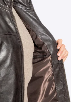 Męska kurtka biker ze skóry naturalnej ciemny brąz><noscript><img width=