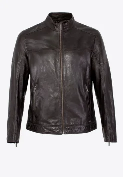 Męska kurtka biker ze skóry naturalnej ciemny brąz><noscript><img width=