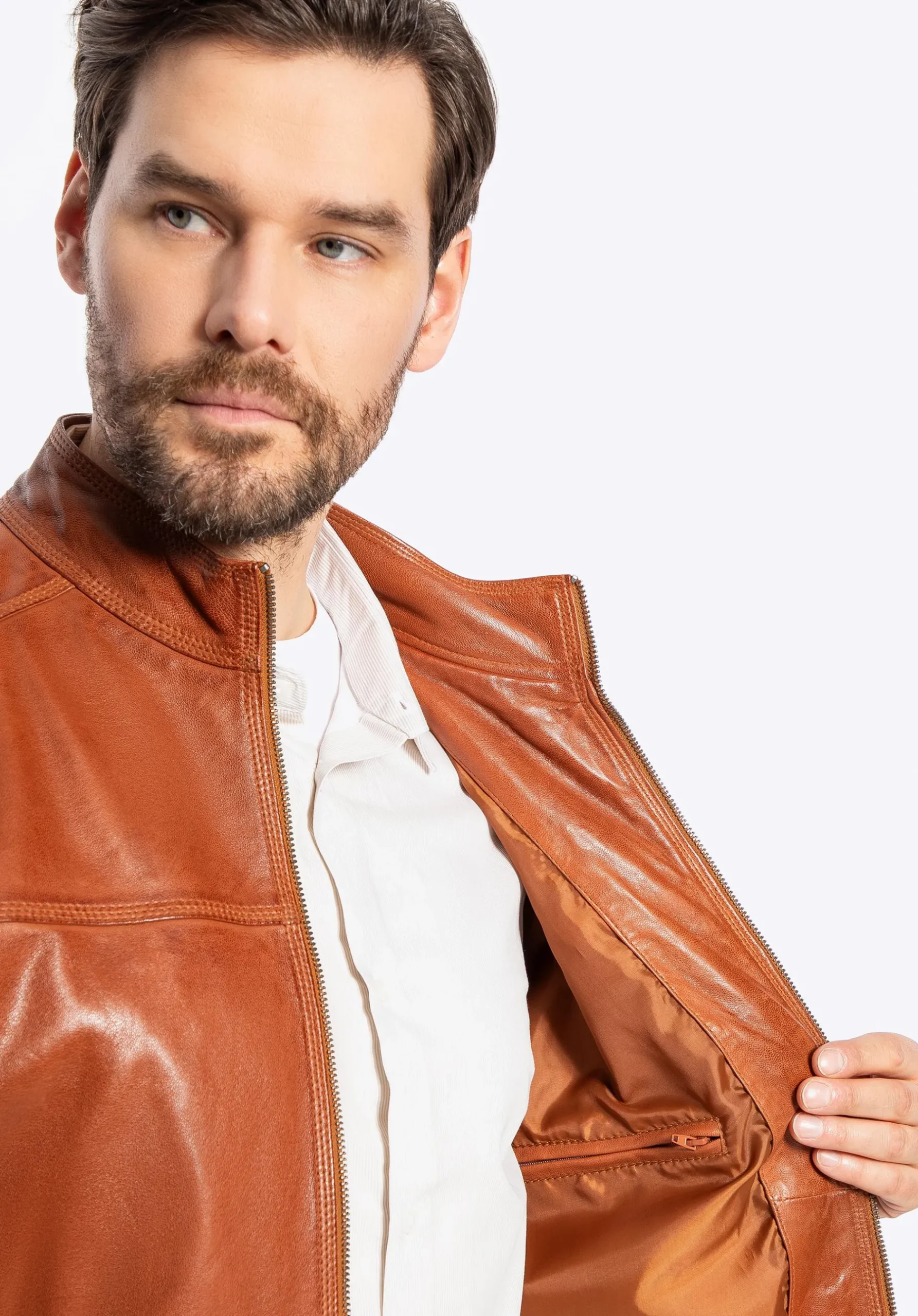Męska kurtka biker ze skóry naturalnej jasny brąz>WITTCHEN Online