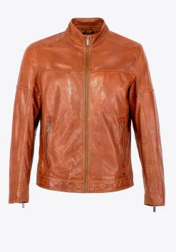Męska kurtka biker ze skóry naturalnej jasny brąz><noscript><img width=