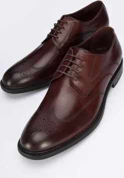 Męskie buty brogsy skórzane z płaskim szwem bordowe><noscript><img width=