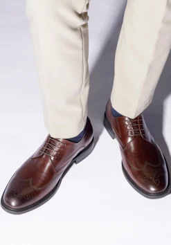 Męskie buty brogsy skórzane z płaskim szwem bordowe><noscript><img width=