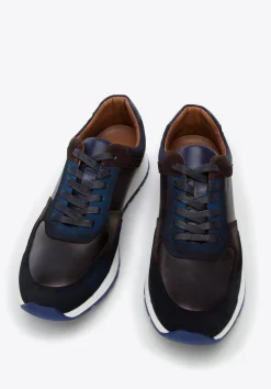 Męskie sneakersy z dwóch rodzajów skór cieniowane granatowo-brązowe><noscript><img width=
