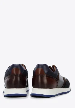 Męskie sneakersy z dwóch rodzajów skór cieniowane granatowo-brązowe><noscript><img width=