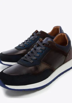 Męskie sneakersy z dwóch rodzajów skór cieniowane granatowo-brązowe><noscript><img width=