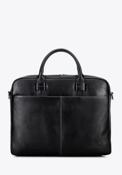Skórzana torba na laptopa 16" z dekoracyjnym przeszyciem czarna>WITTCHEN Fashion