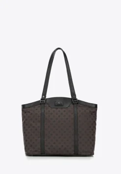 Torebka shopperka z żakardu i skóry w monogramy brązowa><noscript><img width=