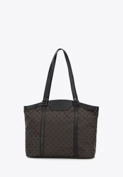 Torebka shopperka z żakardu i skóry w monogramy brązowa><noscript><img width=